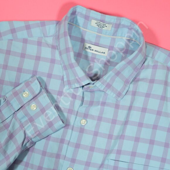 Peter Millar Other - Peter Millar Shirt Mens XL Blue Purple Plaid Cotton Silk Button Down